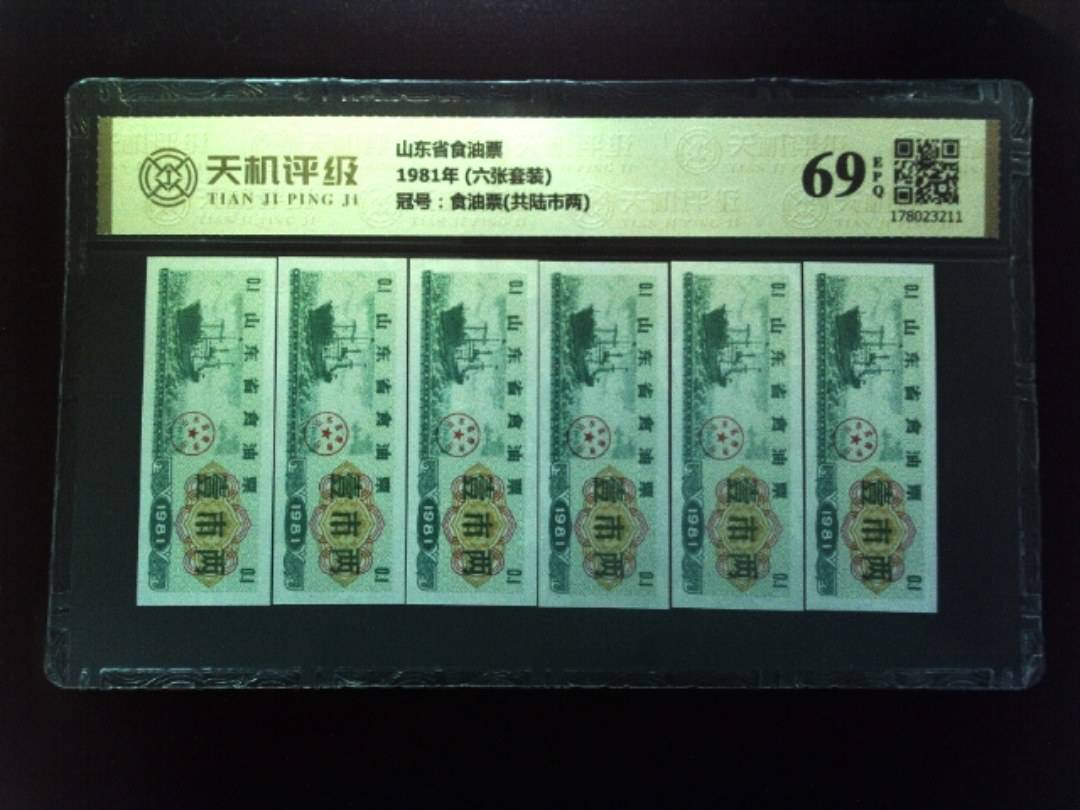 山东省食油票1981年 (六张套装)，冠号食油票(共陆市两)，纸币，钱币收藏