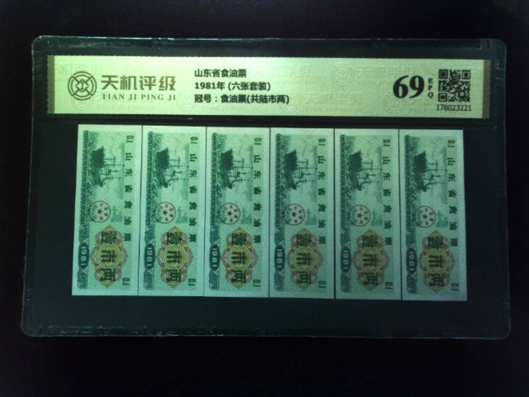 山东省食油票1981年 (六张套装)，冠号食油票(共陆市两)，纸币，钱币收藏