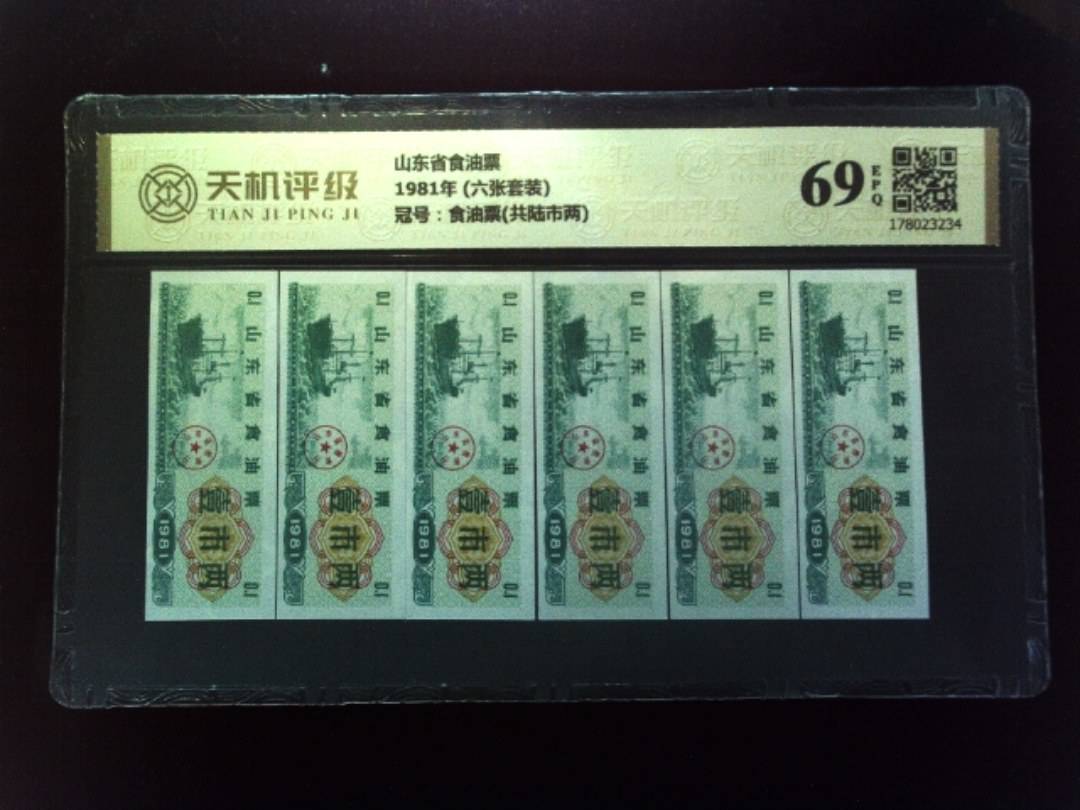 山东省食油票1981年 (六张套装)，冠号食油票(共陆市两)，纸币，钱币收藏