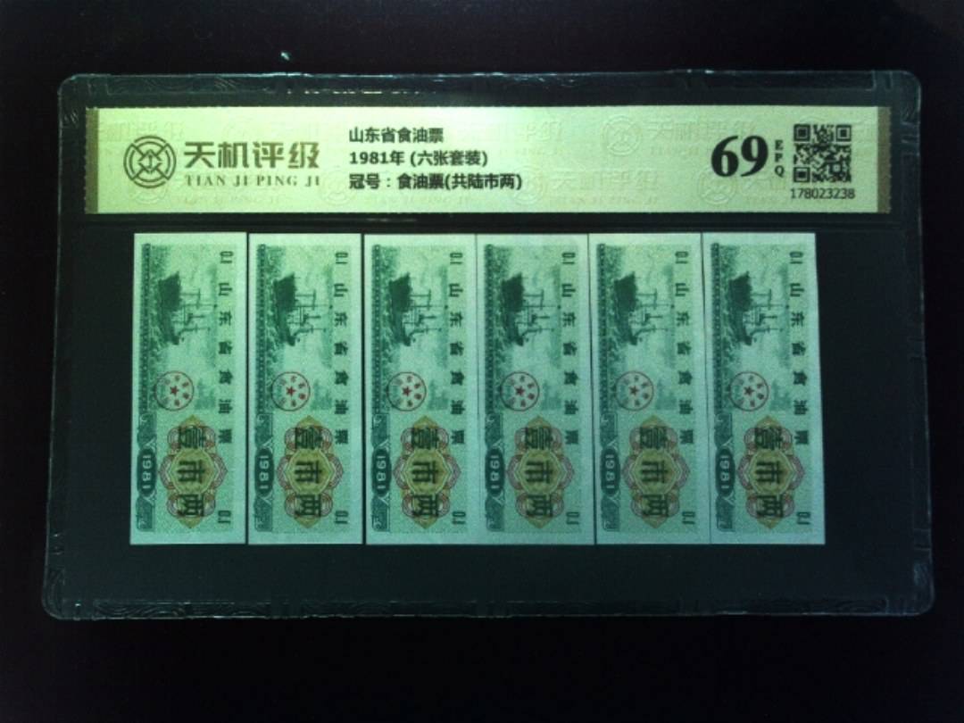 山东省食油票1981年 (六张套装)，冠号食油票(共陆市两)，纸币，钱币收藏