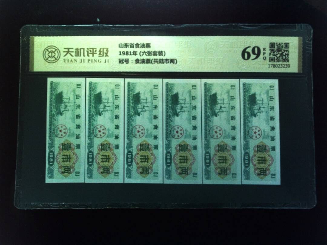 山东省食油票1981年 (六张套装)，冠号食油票(共陆市两)，纸币，钱币收藏