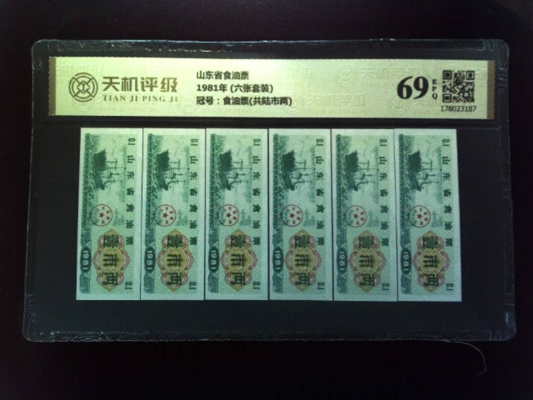 山东省食油票1981年 (六张套装)，冠号食油票(共陆市两)，纸币，钱币收藏