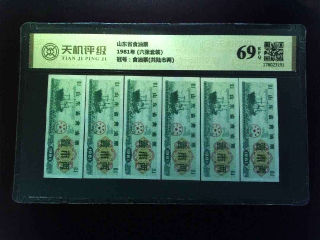 山东省食油票1981年 (六张套装)，冠号食油票(共陆市两)，纸币，钱币收藏