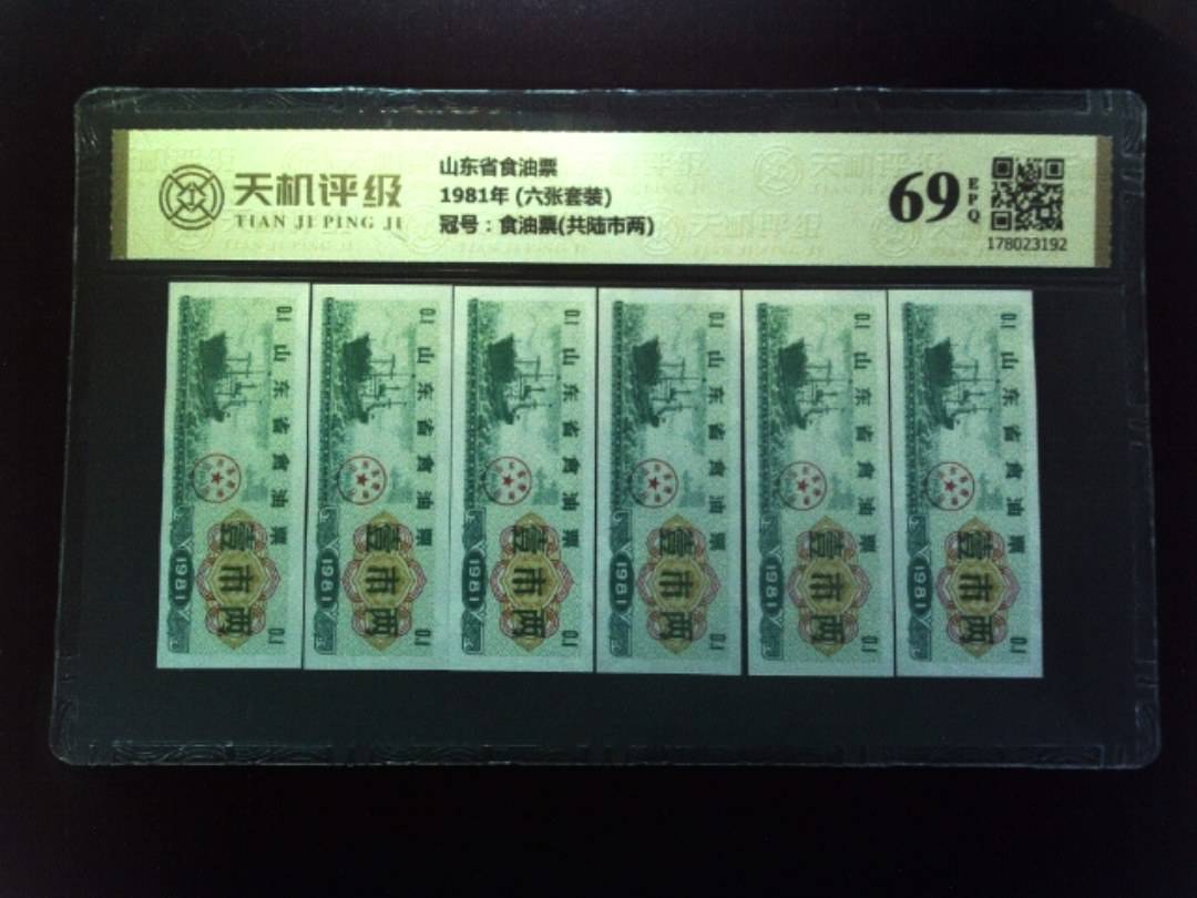 山东省食油票1981年 (六张套装)，冠号食油票(共陆市两)，纸币，钱币收藏