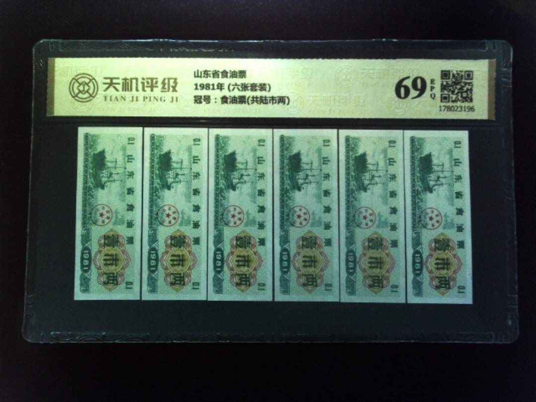 山东省食油票1981年 (六张套装)，冠号食油票(共陆市两)，纸币，钱币收藏