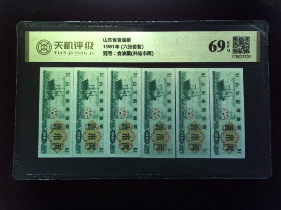 山东省食油票1981年 (六张套装)，冠号食油票(共陆市两)，纸币，钱币收藏
