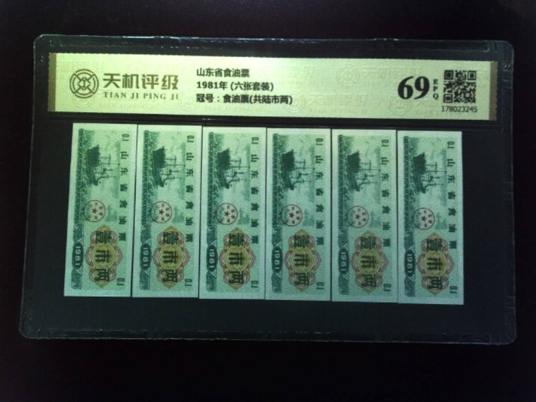 山东省食油票1981年 (六张套装)，冠号食油票(共陆市两)，纸币，钱币收藏
