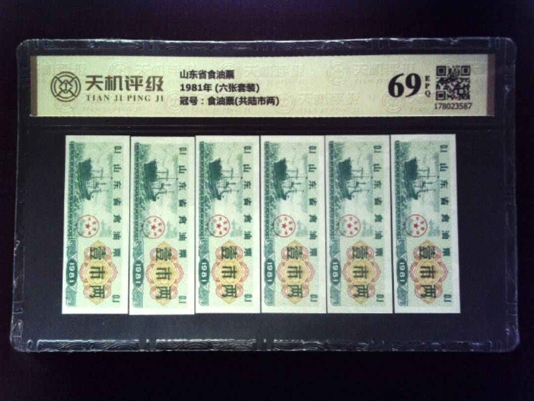 山东省食油票1981年 (六张套装)，冠号食油票(共陆市两)，纸币，钱币收藏