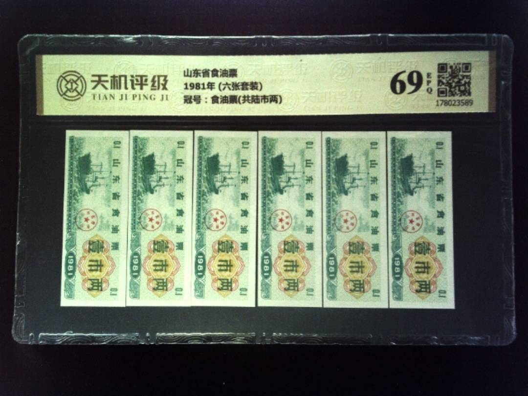 山东省食油票1981年 (六张套装)，冠号食油票(共陆市两)，纸币，钱币收藏