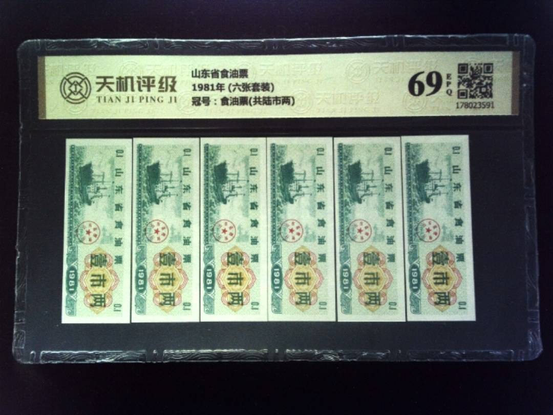 山东省食油票1981年 (六张套装)，冠号食油票(共陆市两)，纸币，钱币收藏