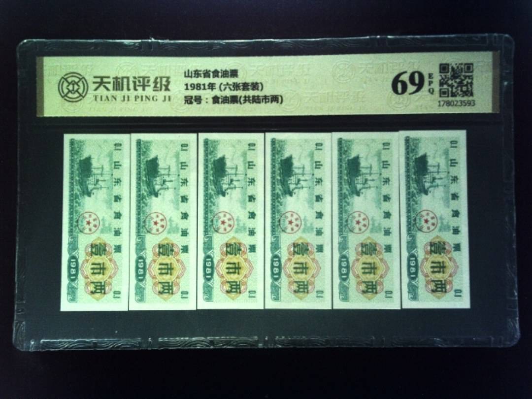 山东省食油票1981年 (六张套装)，冠号食油票(共陆市两)，纸币，钱币收藏
