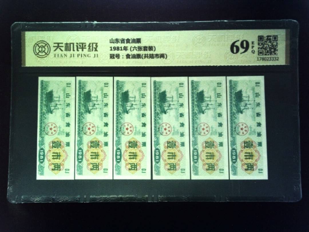 山东省食油票1981年 (六张套装)，冠号食油票(共陆市两)，纸币，钱币收藏