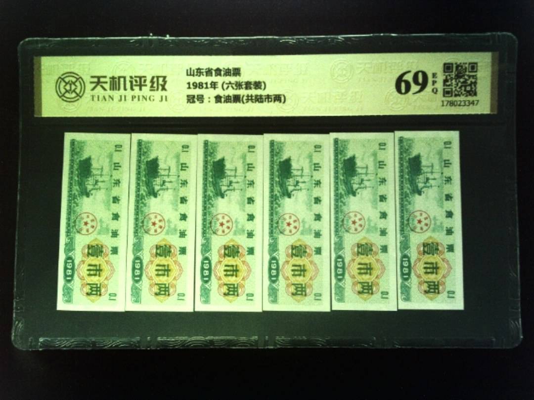 山东省食油票1981年 (六张套装)，冠号食油票(共陆市两)，纸币，钱币收藏