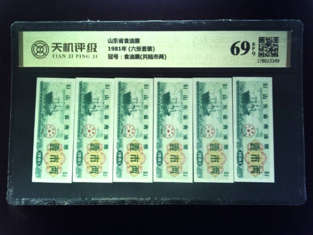 山东省食油票1981年 (六张套装)，冠号食油票(共陆市两)，纸币，钱币收藏