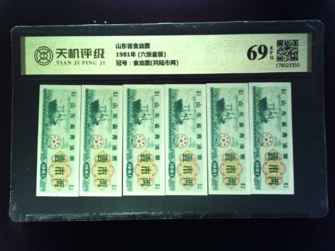 山东省食油票1981年 (六张套装)，冠号食油票(共陆市两)，纸币，钱币收藏