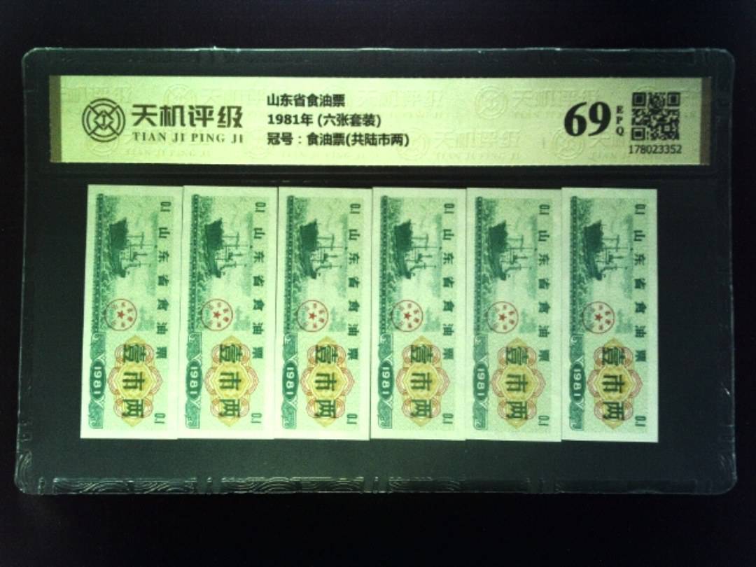 山东省食油票1981年 (六张套装)，冠号食油票(共陆市两)，纸币，钱币收藏