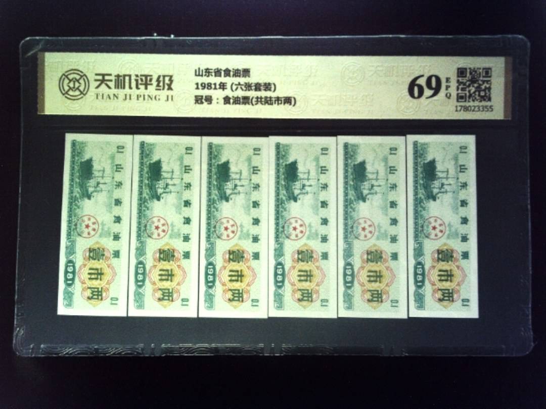 山东省食油票1981年 (六张套装)，冠号食油票(共陆市两)，纸币，钱币收藏