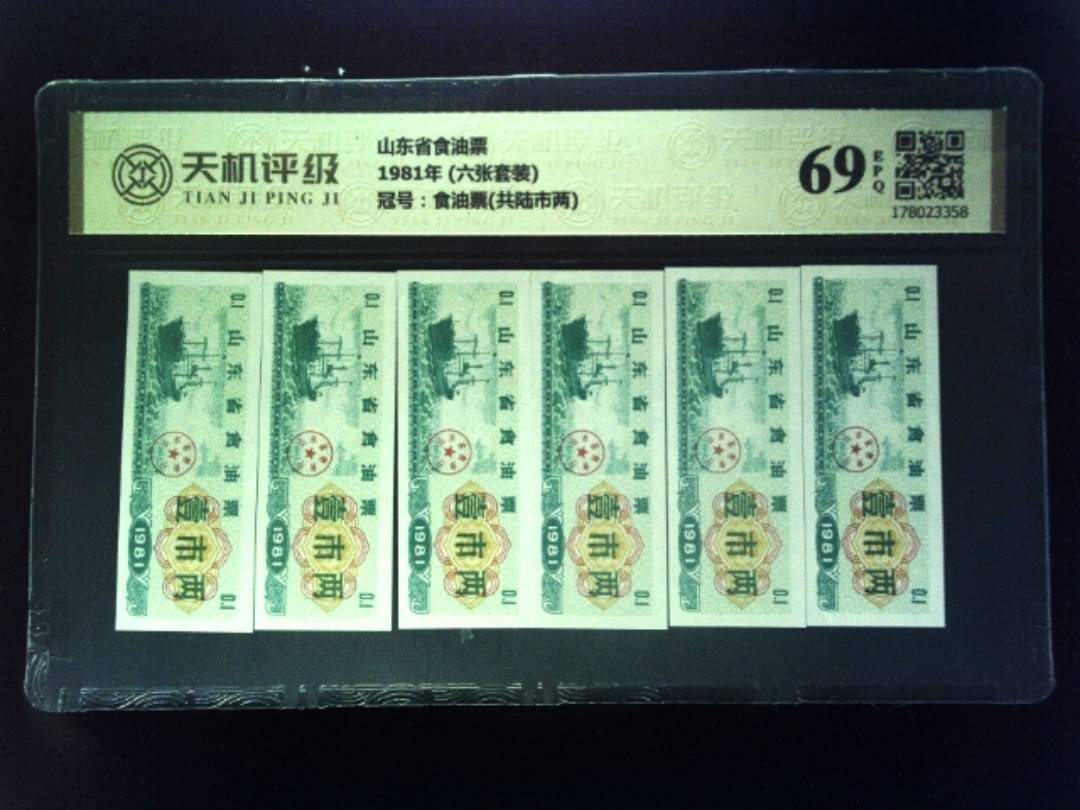 山东省食油票1981年 (六张套装)，冠号食油票(共陆市两)，纸币，钱币收藏