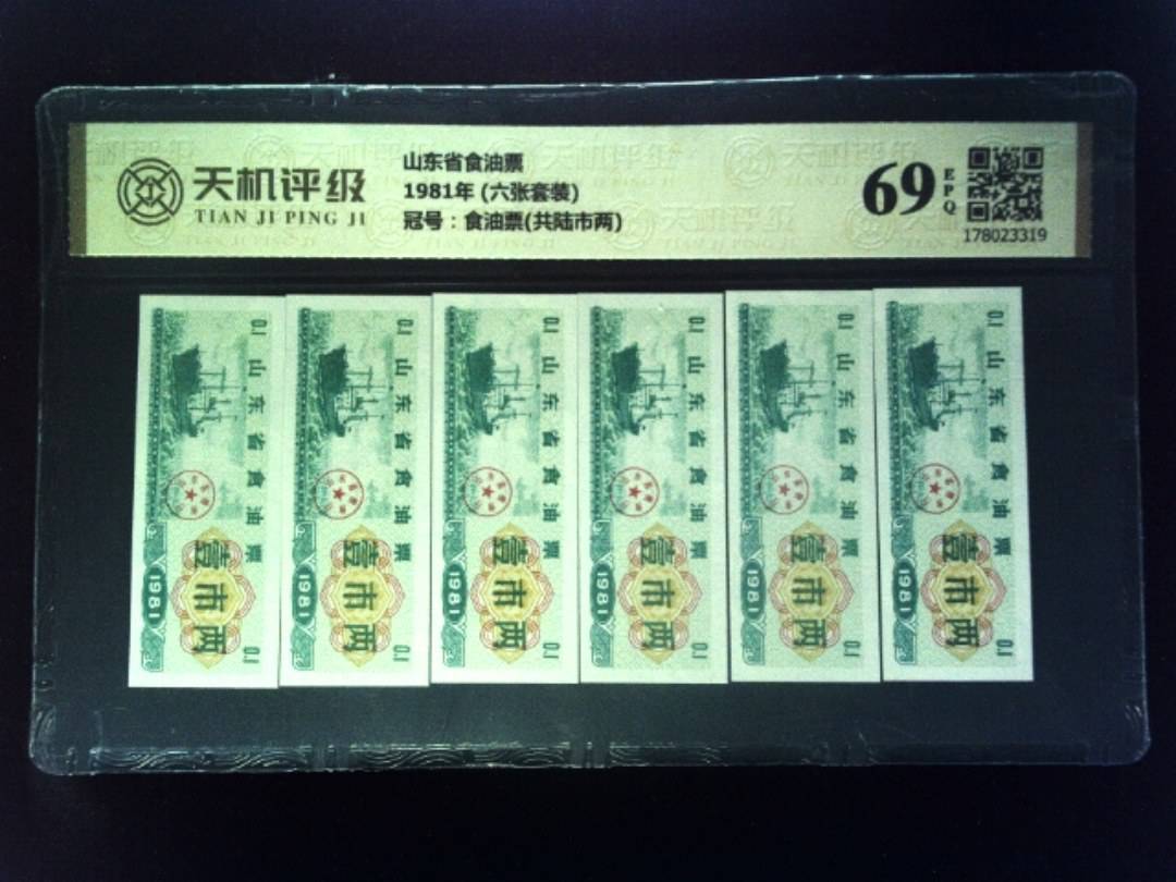 山东省食油票1981年 (六张套装)，冠号食油票(共陆市两)，纸币，钱币收藏