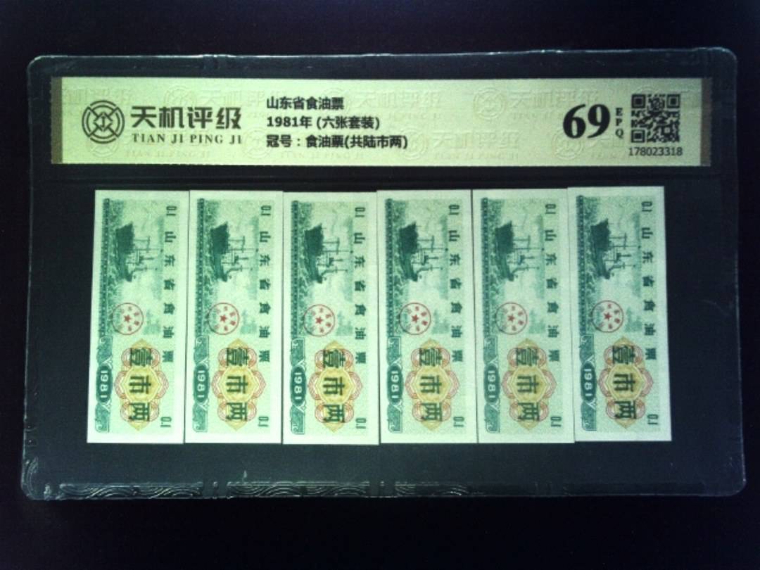 山东省食油票1981年 (六张套装)，冠号食油票(共陆市两)，纸币，钱币收藏