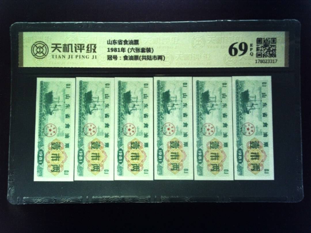 山东省食油票1981年 (六张套装)，冠号食油票(共陆市两)，纸币，钱币收藏