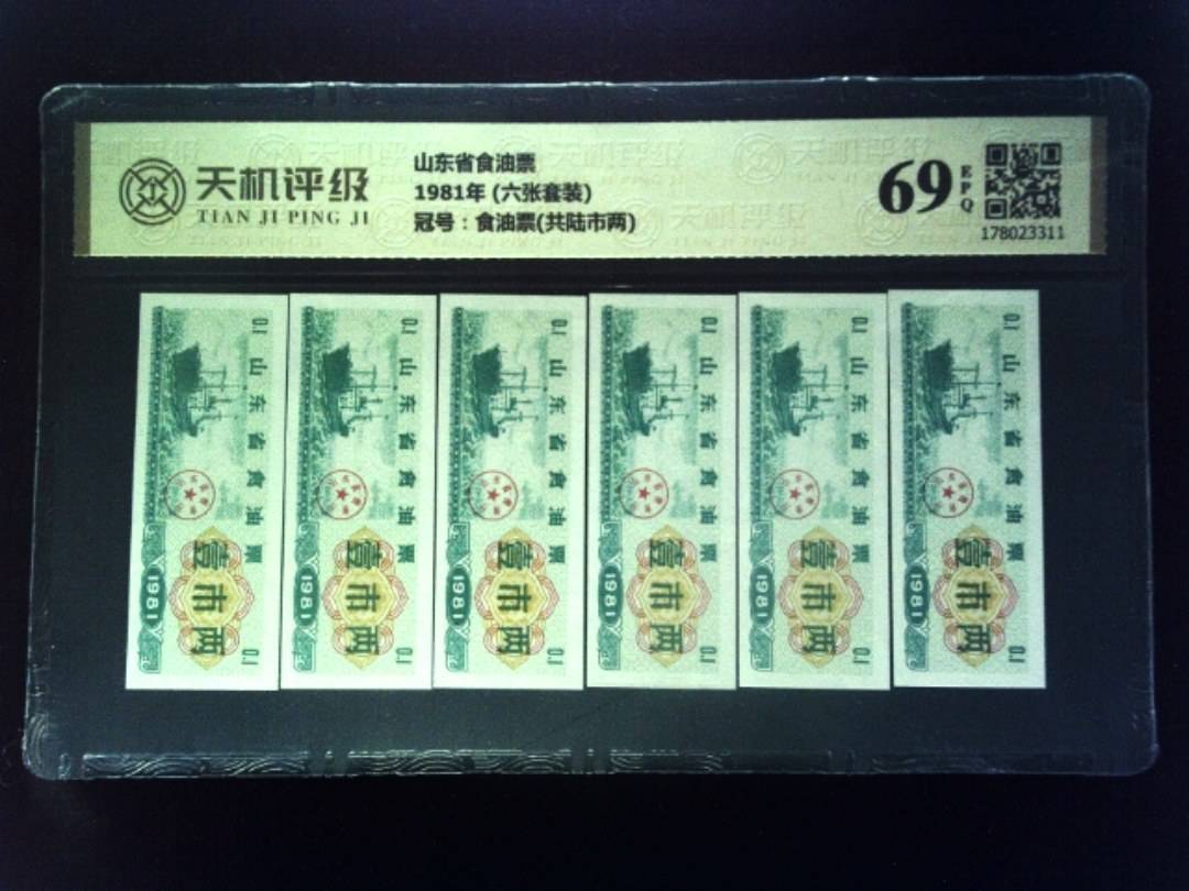 山东省食油票1981年 (六张套装)，冠号食油票(共陆市两)，纸币，钱币收藏