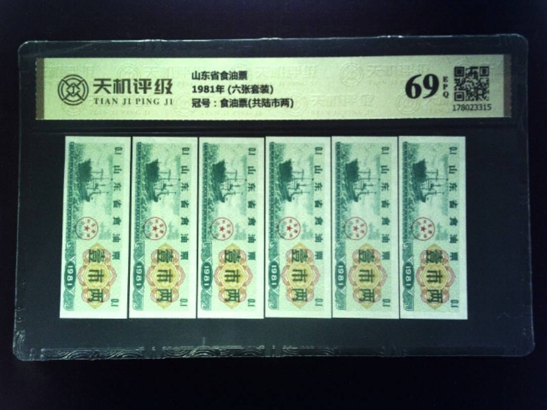 山东省食油票1981年 (六张套装)，冠号食油票(共陆市两)，纸币，钱币收藏