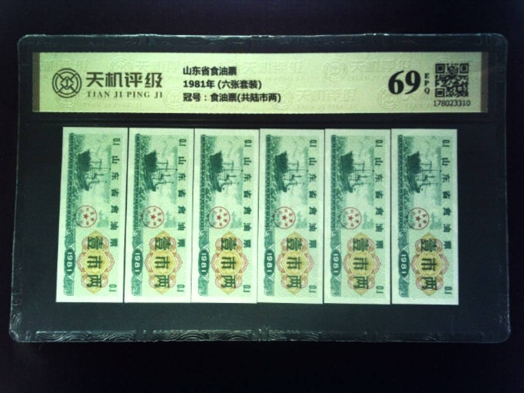 山东省食油票1981年 (六张套装)，冠号食油票(共陆市两)，纸币，钱币收藏