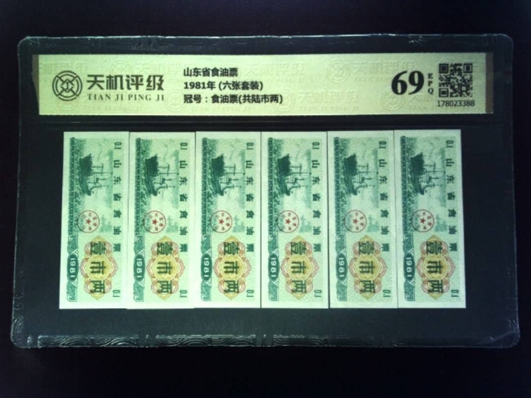 山东省食油票1981年 (六张套装)，冠号食油票(共陆市两)，纸币，钱币收藏
