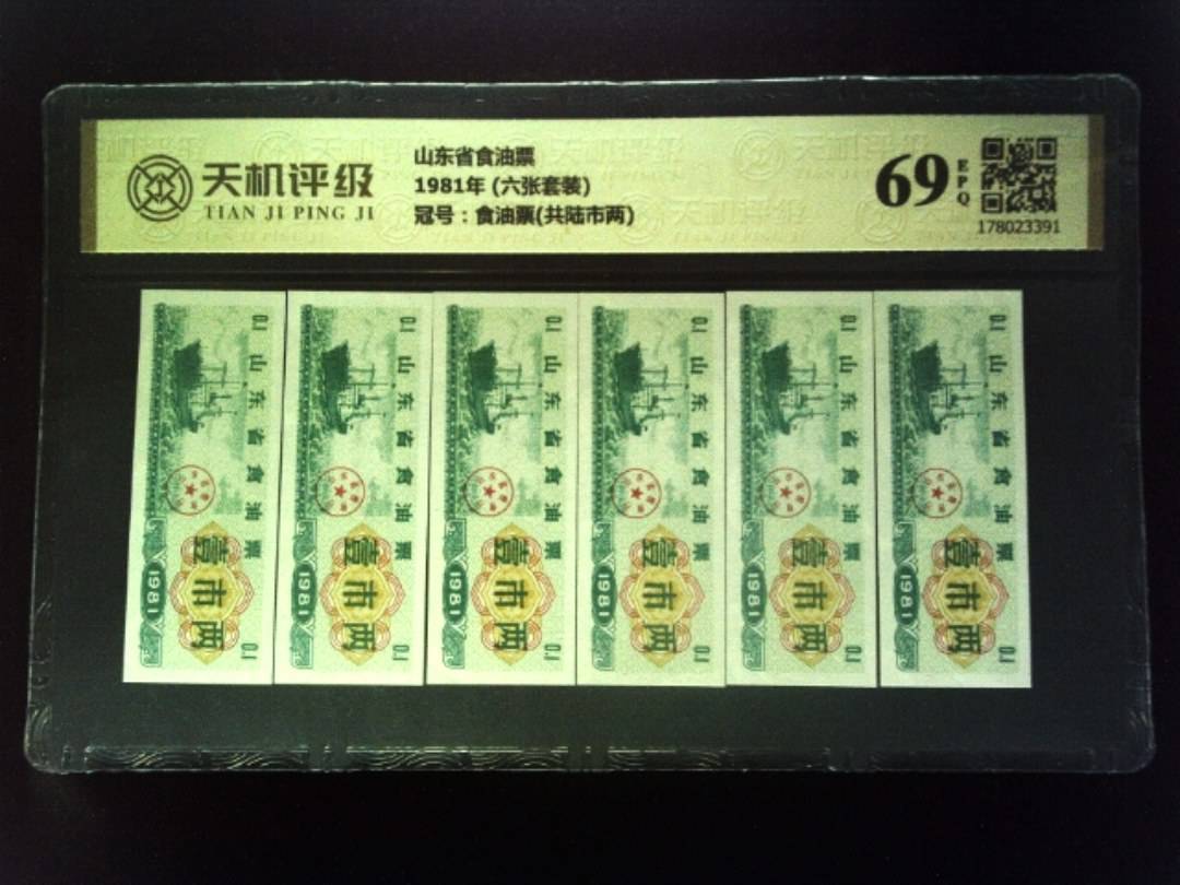 山东省食油票1981年 (六张套装)，冠号食油票(共陆市两)，纸币，钱币收藏