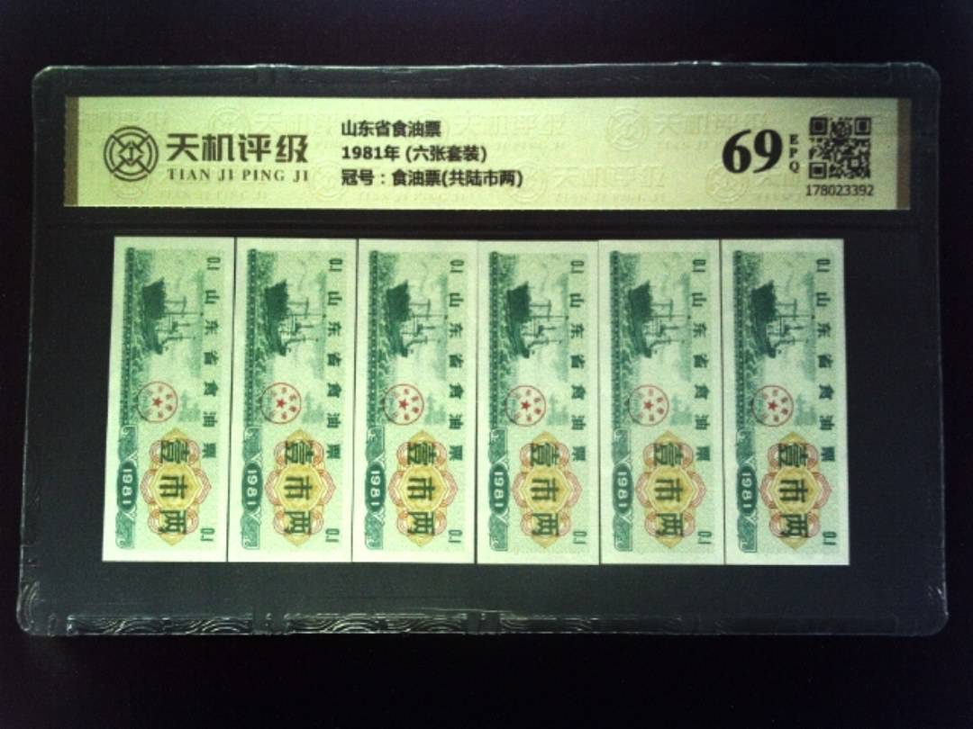 山东省食油票1981年 (六张套装)，冠号食油票(共陆市两)，纸币，钱币收藏