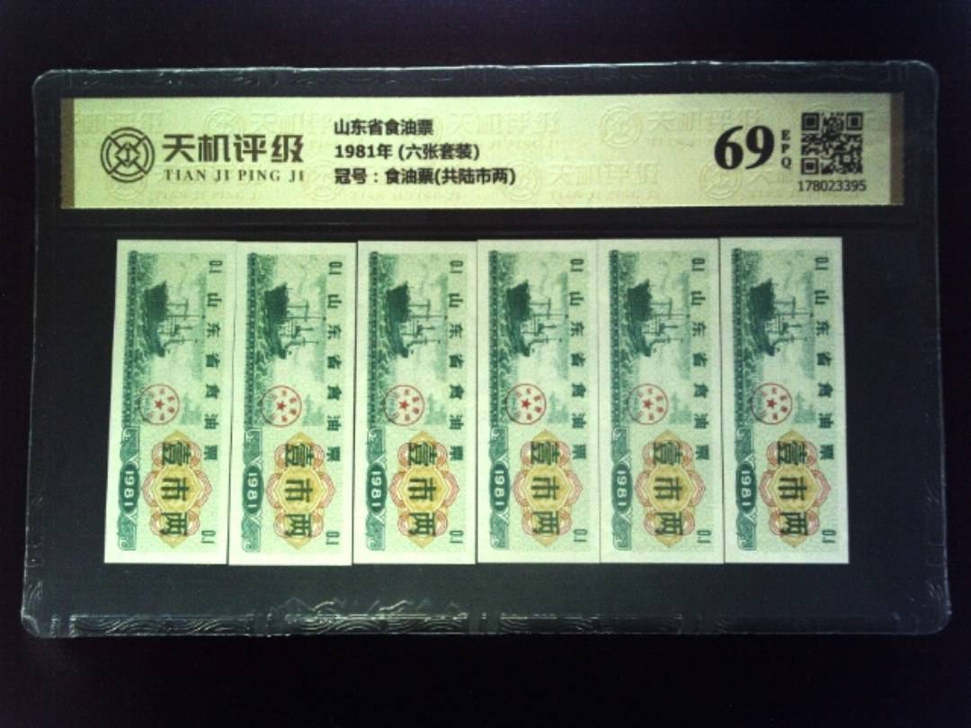山东省食油票1981年 (六张套装)，冠号食油票(共陆市两)，纸币，钱币收藏