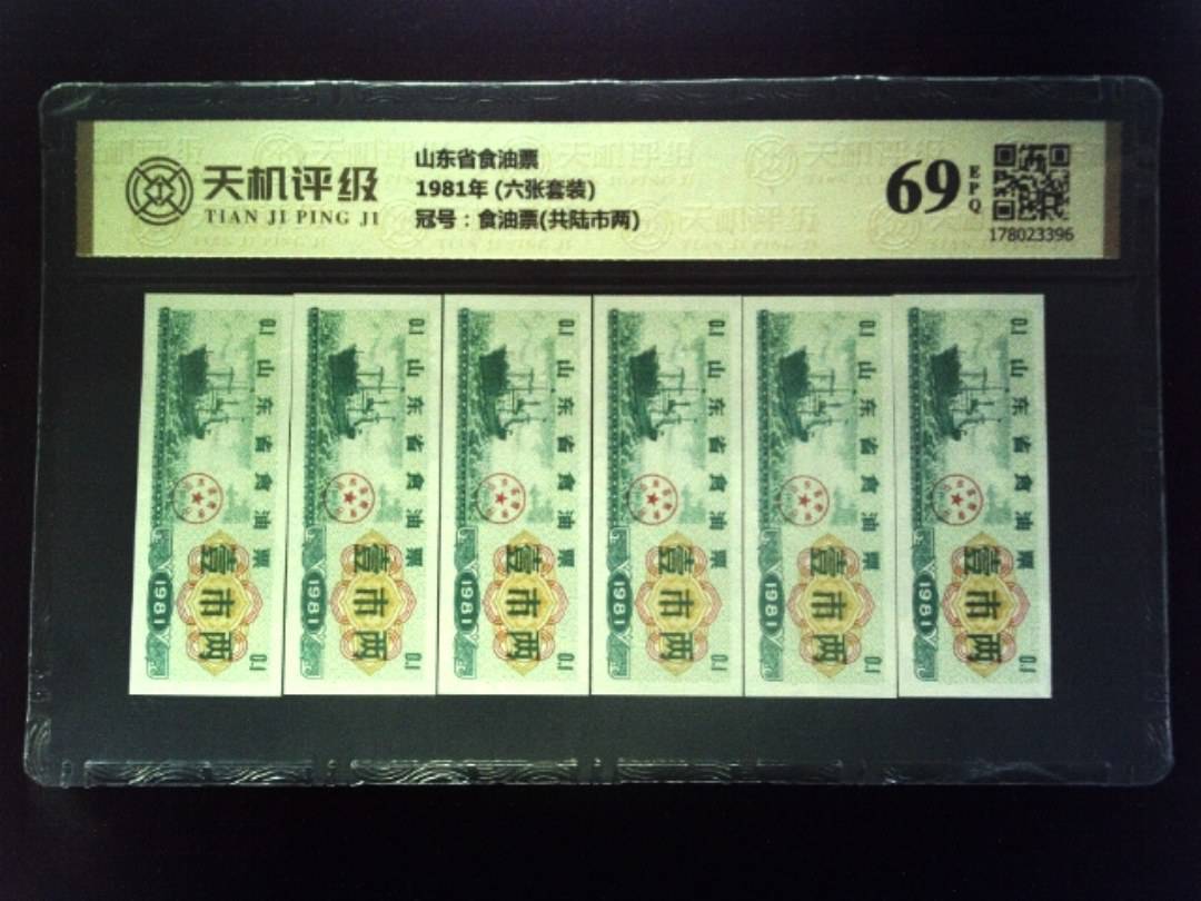 山东省食油票1981年 (六张套装)，冠号食油票(共陆市两)，纸币，钱币收藏