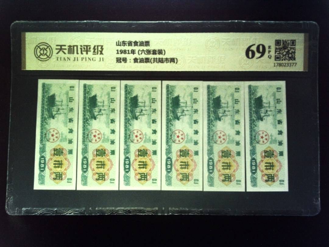 山东省食油票1981年 (六张套装)，冠号食油票(共陆市两)，纸币，钱币收藏