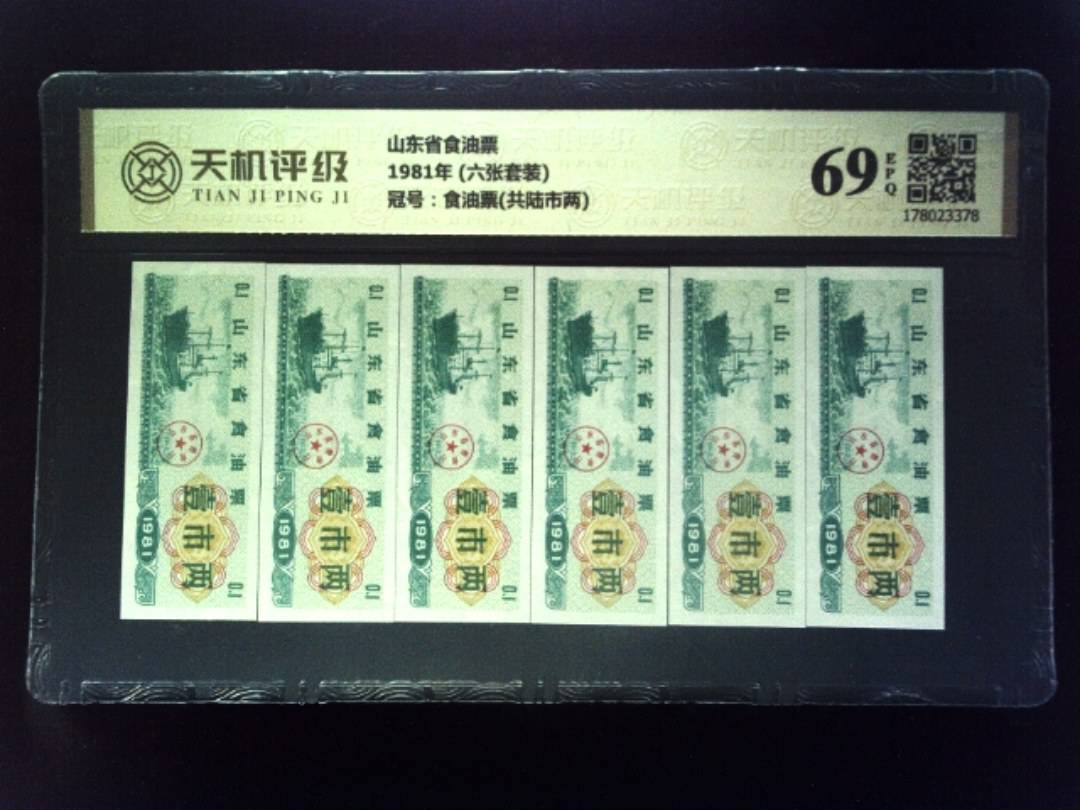 山东省食油票1981年 (六张套装)，冠号食油票(共陆市两)，纸币，钱币收藏