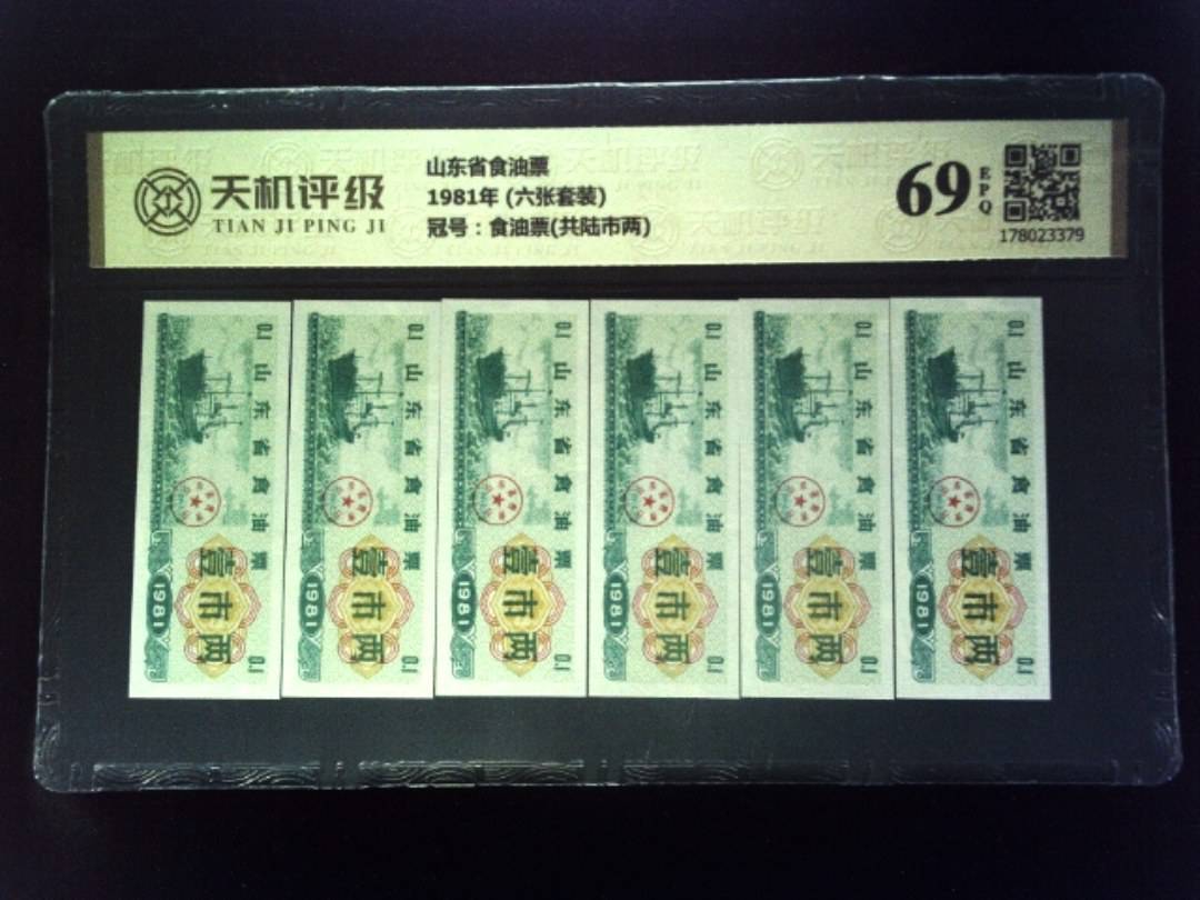 山东省食油票1981年 (六张套装)，冠号食油票(共陆市两)，纸币，钱币收藏