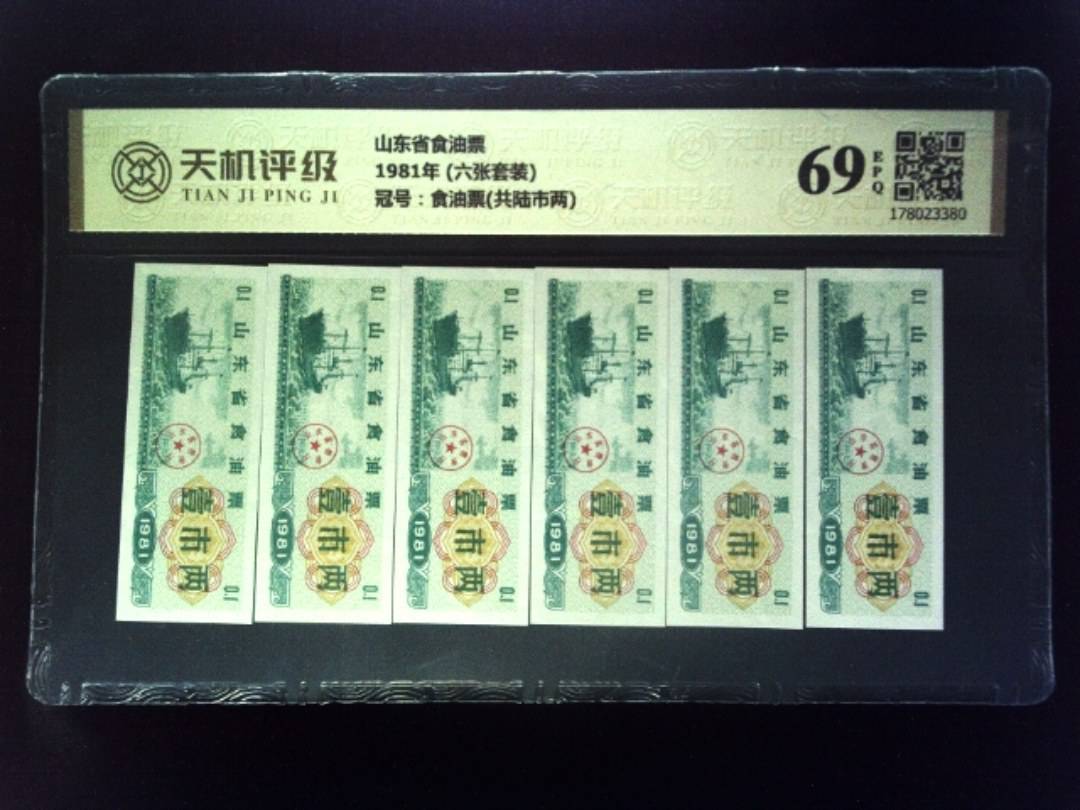 山东省食油票1981年 (六张套装)，冠号食油票(共陆市两)，纸币，钱币收藏