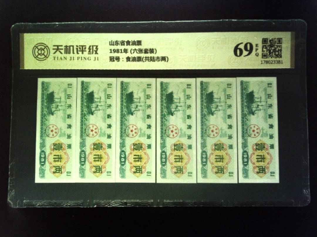 山东省食油票1981年 (六张套装)，冠号食油票(共陆市两)，纸币，钱币收藏