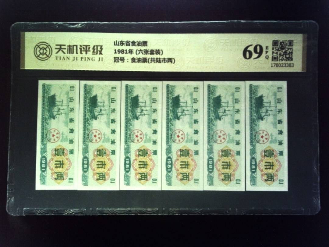 山东省食油票1981年 (六张套装)，冠号食油票(共陆市两)，纸币，钱币收藏