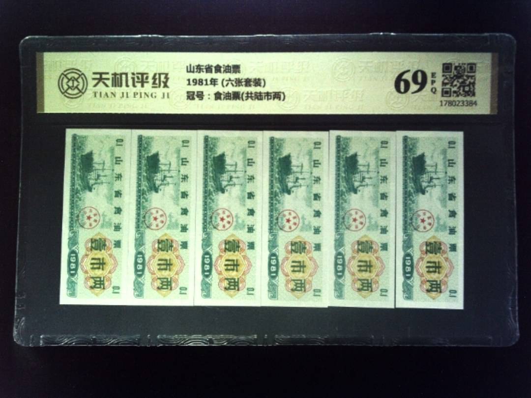 山东省食油票1981年 (六张套装)，冠号食油票(共陆市两)，纸币，钱币收藏
