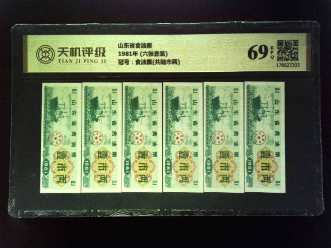 山东省食油票1981年 (六张套装)，冠号食油票(共陆市两)，纸币，钱币收藏