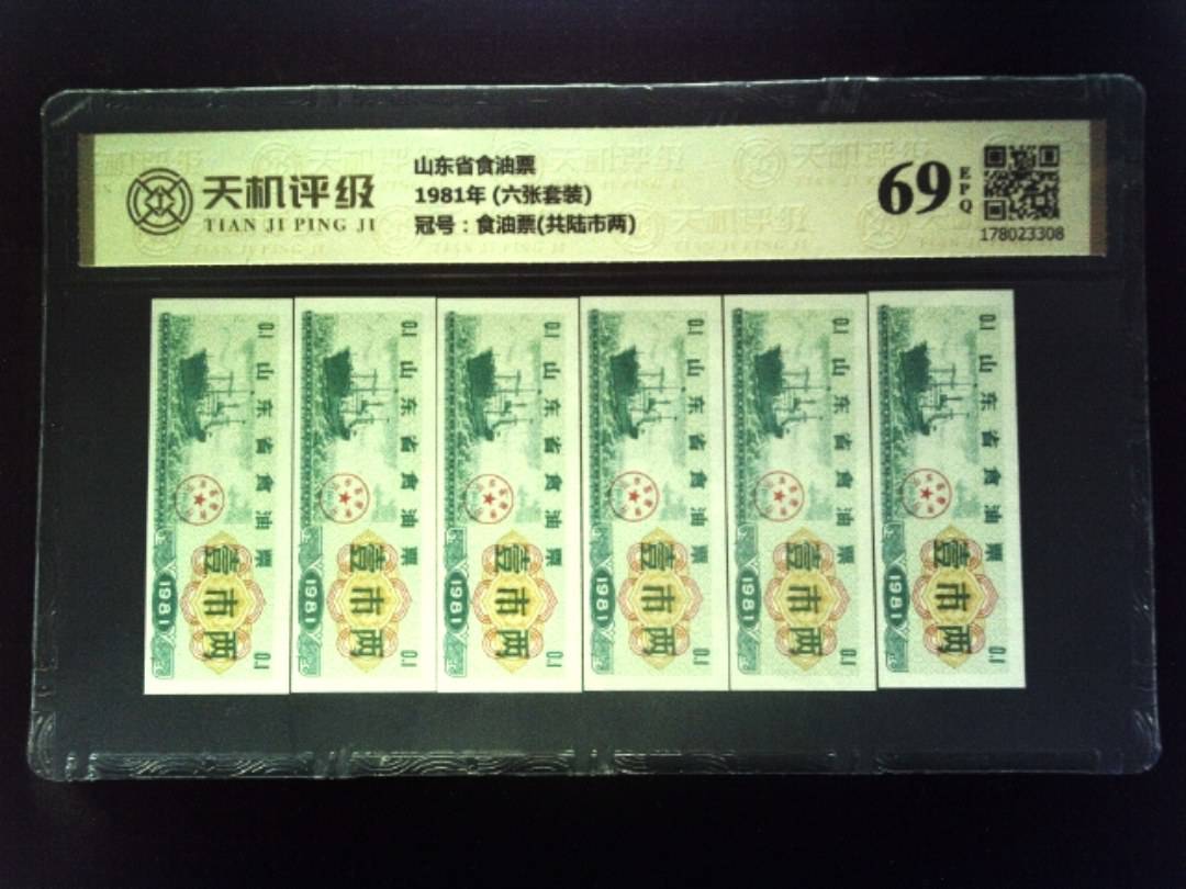 山东省食油票1981年 (六张套装)，冠号食油票(共陆市两)，纸币，钱币收藏