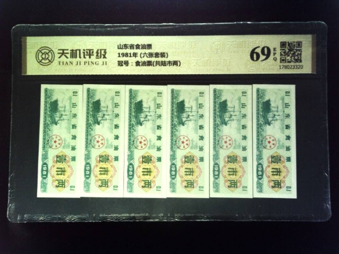 山东省食油票1981年 (六张套装)，冠号食油票(共陆市两)，纸币，钱币收藏