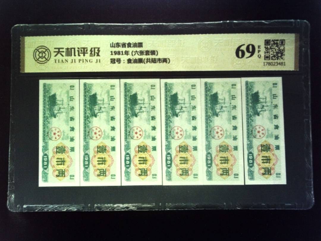 山东省食油票1981年 (六张套装)，冠号食油票(共陆市两)，纸币，钱币收藏