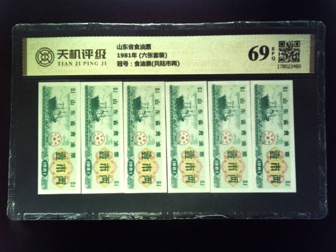 山东省食油票1981年 (六张套装)，冠号食油票(共陆市两)，纸币，钱币收藏