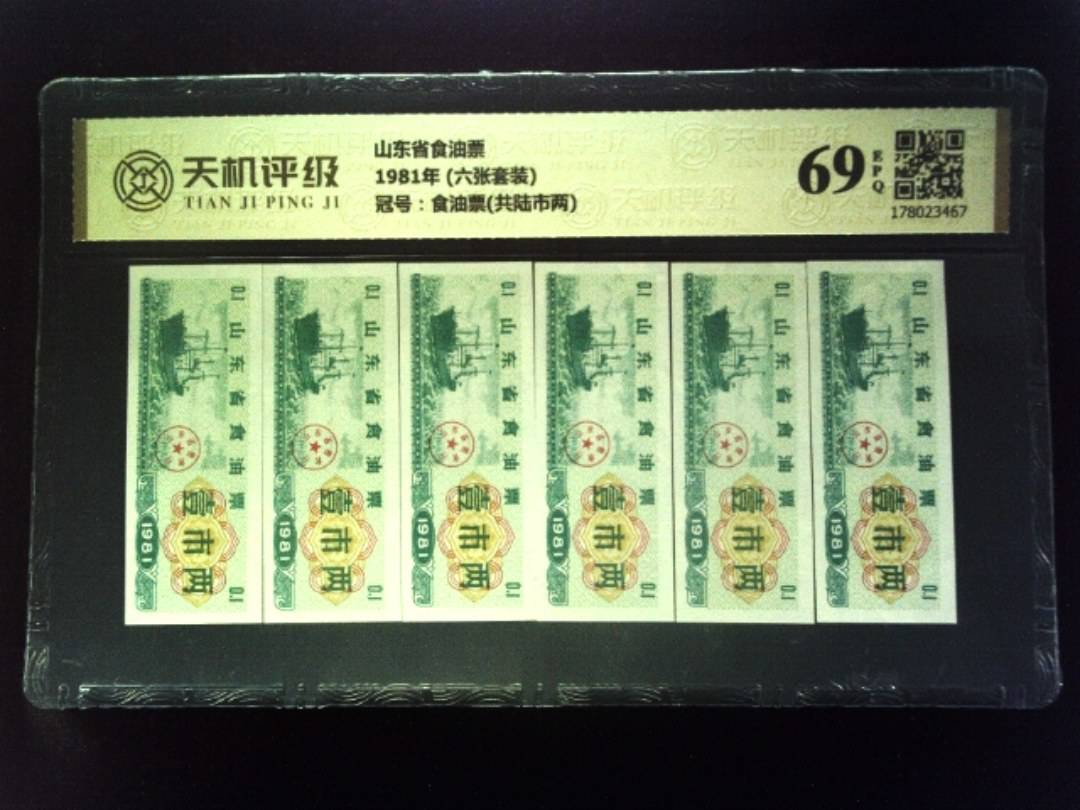 山东省食油票1981年 (六张套装)，冠号食油票(共陆市两)，纸币，钱币收藏
