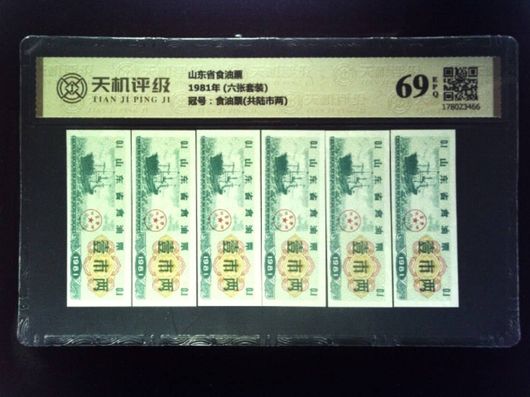 山东省食油票1981年 (六张套装)，冠号食油票(共陆市两)，纸币，钱币收藏
