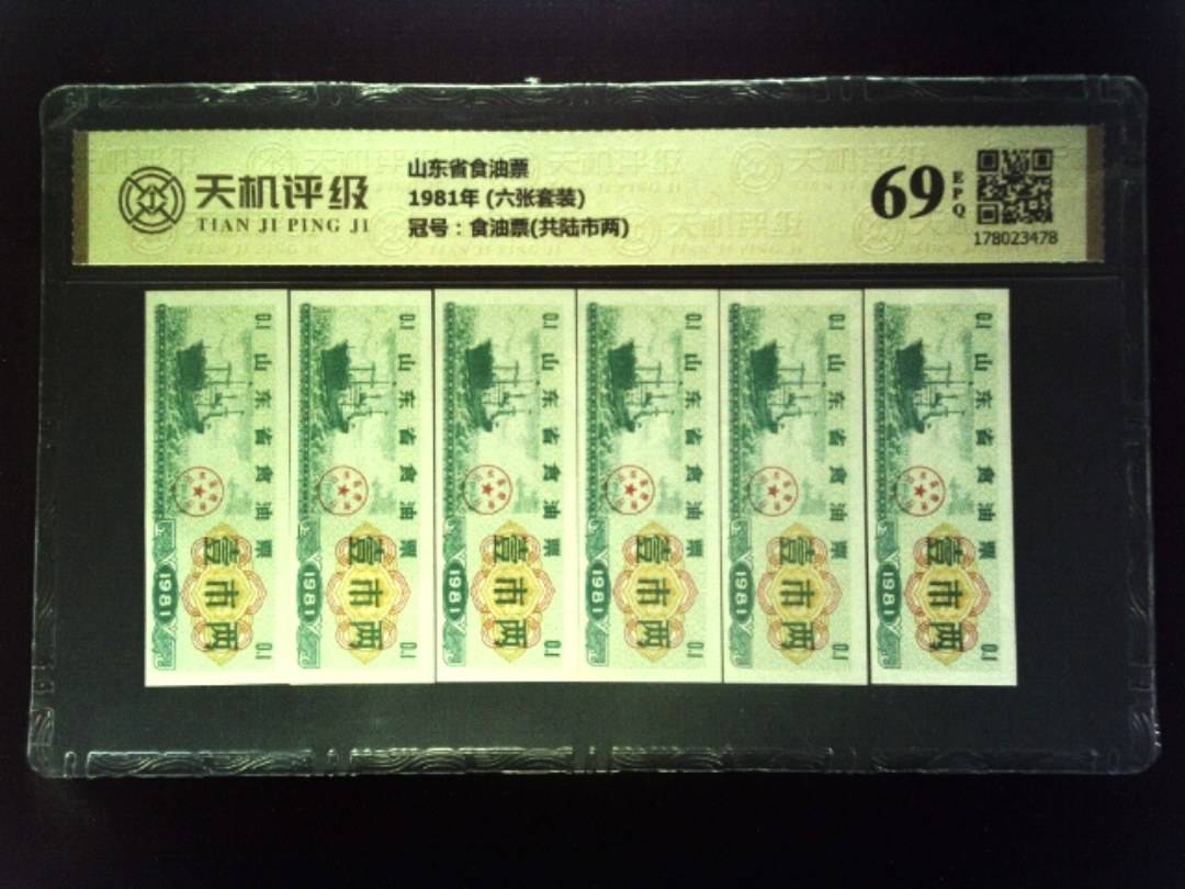山东省食油票1981年 (六张套装)，冠号食油票(共陆市两)，纸币，钱币收藏