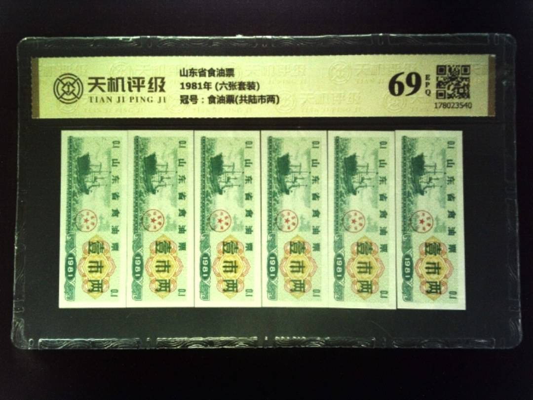 山东省食油票1981年 (六张套装)，冠号食油票(共陆市两)，纸币，钱币收藏