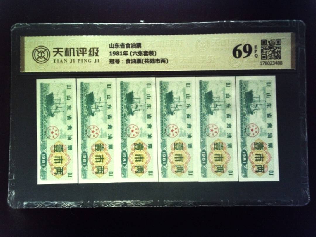 山东省食油票1981年 (六张套装)，冠号食油票(共陆市两)，纸币，钱币收藏